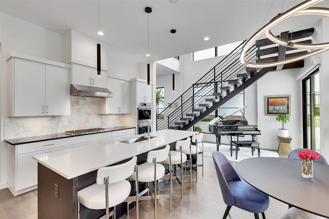 6702 Adeline Way Unit 34, Austin, TX 78746 - kitchen featuring under cabinet range hood, stainless steel appliances, plenty of natural light, tasteful backsplash, and recessed lighting