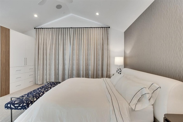 6702 Adeline Way Unit 34, Austin, TX 78746 - bedroom featuring vaulted ceiling, carpet flooring, and recessed lighting