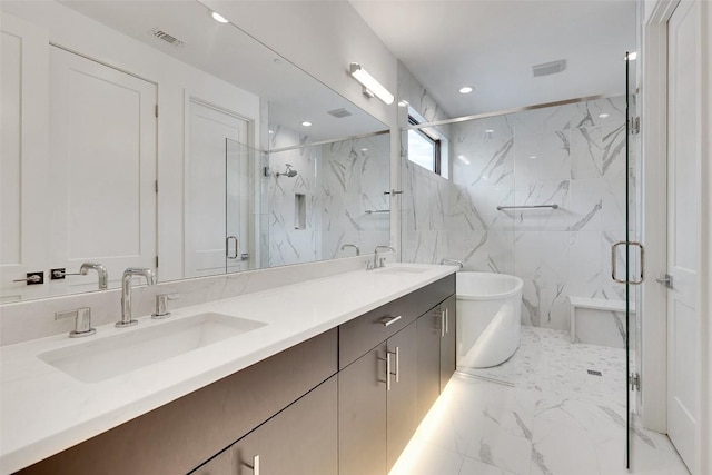 6702 Adeline Way Unit 34, Austin, TX 78746 - bathroom with marble look tiles, double vanity, a soaking tub, a marble finish shower, and recessed lighting
