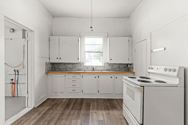102 S Western Ave, Lampasas, TX 76550 - kitchen featuring white electric range, wood finished floors, white cabinetry, wood counters, and decorative backsplash