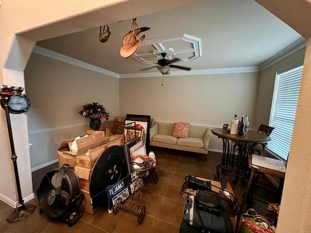 395 Spring Dr, Kyle, TX 78640 - living area with ceiling fan, tile patterned floors, and crown molding