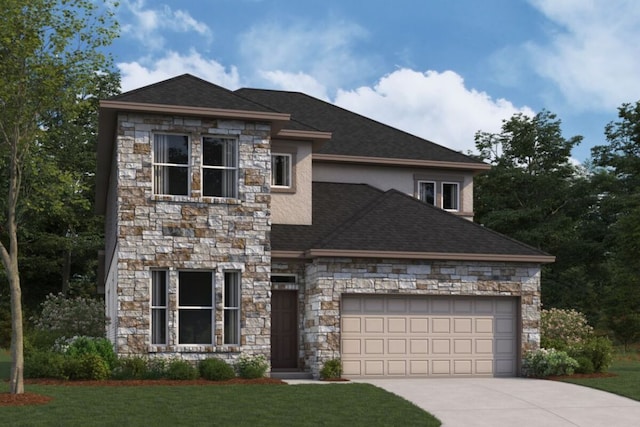 744 Boise Dr, Leander, TX 78641 - view of front of home featuring stone siding, an attached garage, concrete driveway, and a front lawn