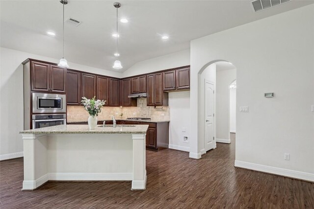 2232 Skippy Cv, Leander, TX 78641 - kitchen featuring appliances with stainless steel finishes, tasteful backsplash, under cabinet range hood, arched walkways, and dark wood-style floors