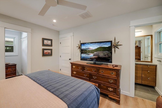 1509 Ridgehaven Dr, Austin, TX 78723 - bedroom with light wood-style floors, recessed lighting, ensuite bath, and a ceiling fan