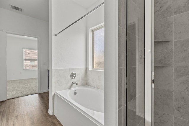 11825 Monterosso Dr, Austin, TX 78754 - bathroom with a garden tub, plenty of natural light, wood finished floors, and an enclosed shower