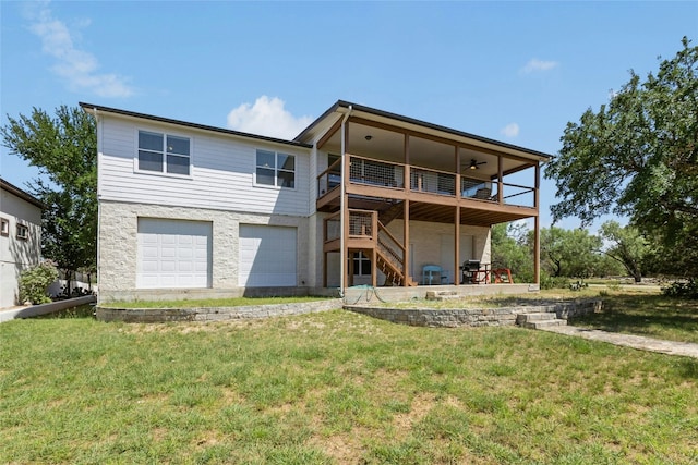 2806 Truman Cv, Lago Vista, TX 78645 - rear view of house featuring stairs, an attached garage, a lawn, a wooden deck, and a ceiling fan