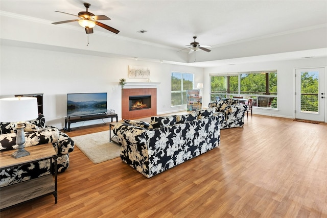 2806 Truman Cv, Lago Vista, TX 78645 - living room with a ceiling fan, ornamental molding, healthy amount of natural light, wood finished floors, and a fireplace