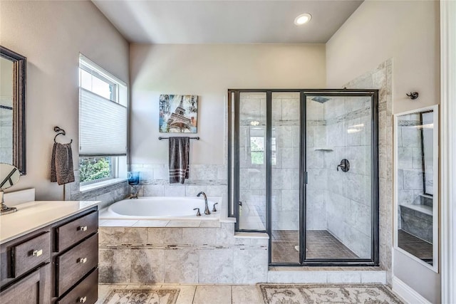 110 Waverly Spire Ct, Austin, TX 78738 - bathroom with a bath, plenty of natural light, vanity, and a shower stall