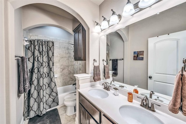 110 Waverly Spire Ct, Austin, TX 78738 - bathroom with shower / tub combo with curtain, double vanity, and tile patterned floors