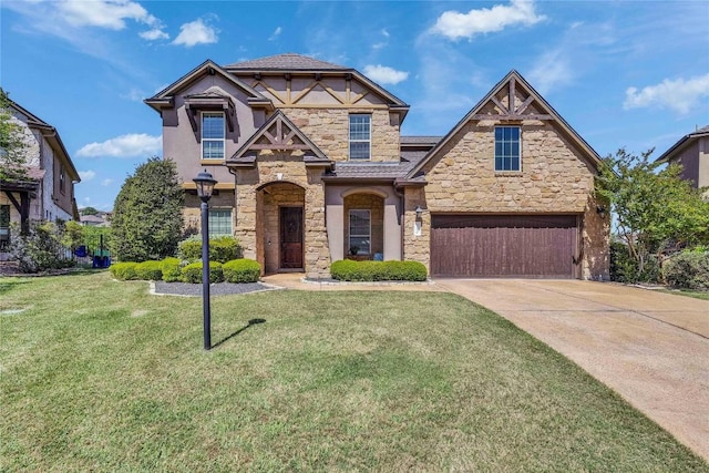 110 Waverly Spire Ct, Austin, TX 78738 - view of front facade featuring stone siding, concrete driveway, a front yard, a garage, and stucco siding