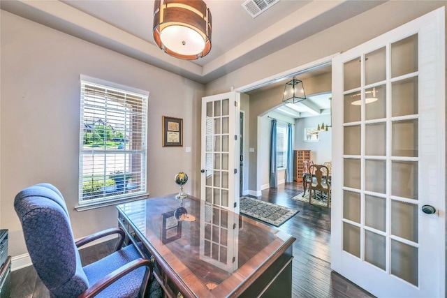 110 Waverly Spire Ct, Austin, TX 78738 - office area with french doors, wood finished floors, and arched walkways