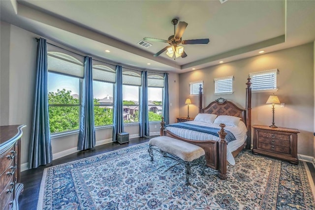 110 Waverly Spire Ct, Austin, TX 78738 - bedroom featuring a raised ceiling, multiple windows, wood finished floors, recessed lighting, and a ceiling fan