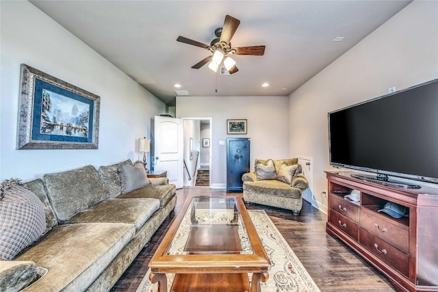 110 Waverly Spire Ct, Austin, TX 78738 - living room with ceiling fan, dark wood-type flooring, and recessed lighting