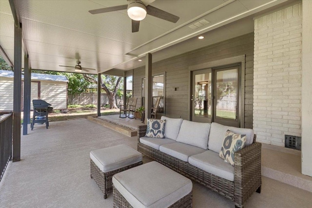 3004 Quail Run Dr, Round Rock, TX 78681 - view of patio with ceiling fan, an outdoor living space, and area for grilling