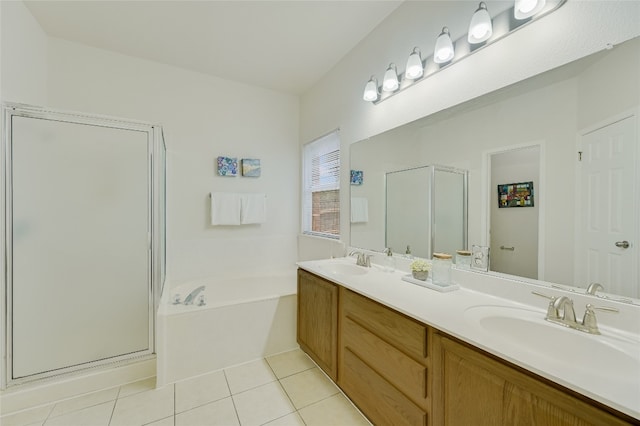 7008 Wandering Oak Rd, Austin, TX 78749 - bathroom featuring a shower stall, a bath, double vanity, and tile patterned flooring