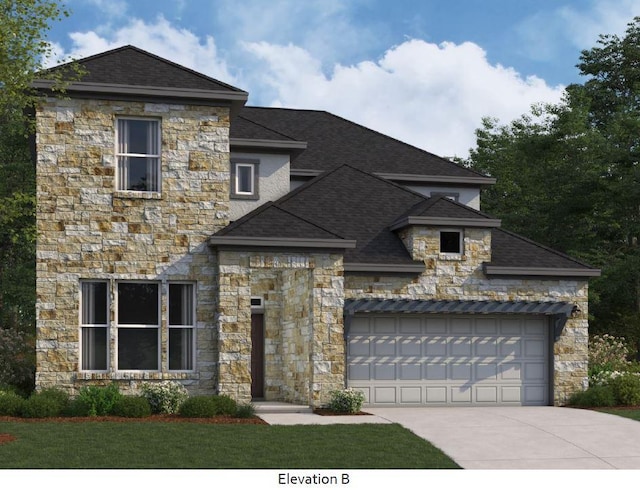 3675 Prosper Rd, Leander, TX 78641 - view of front of house featuring stone siding, driveway, a shingled roof, and a front lawn