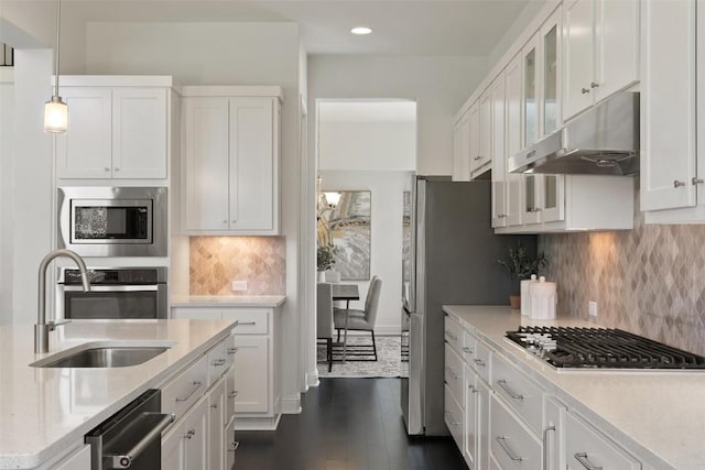 4108 Logan Ridge Dr, Cedar Park, TX 78613 - kitchen featuring under cabinet range hood, stainless steel appliances, recessed lighting, white cabinetry, and glass insert cabinets