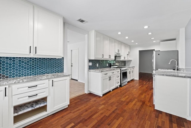 501 Meadowbrook Dr, Georgetown, TX 78628 - kitchen with stainless steel appliances, white cabinets, backsplash, dark wood-style floors, and recessed lighting