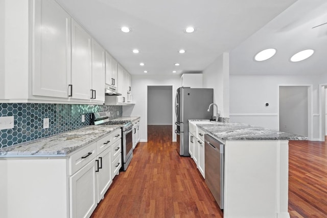 501 Meadowbrook Dr, Georgetown, TX 78628 - kitchen featuring stainless steel appliances, under cabinet range hood, wood finished floors, white cabinets, and recessed lighting
