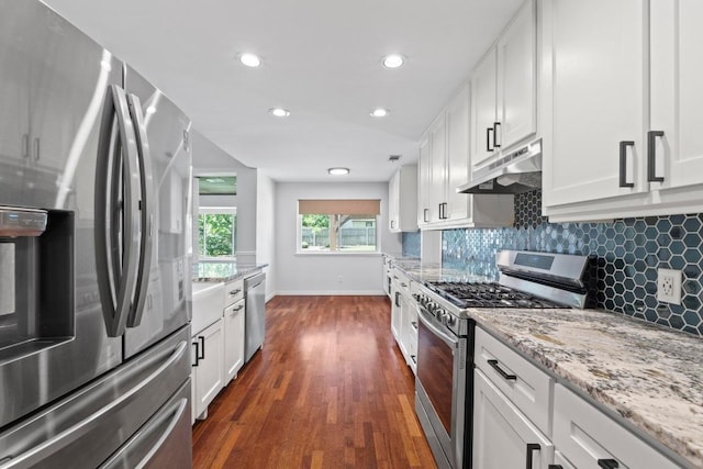 501 Meadowbrook Dr, Georgetown, TX 78628 - kitchen featuring appliances with stainless steel finishes, under cabinet range hood, dark wood-style flooring, decorative backsplash, and white cabinetry