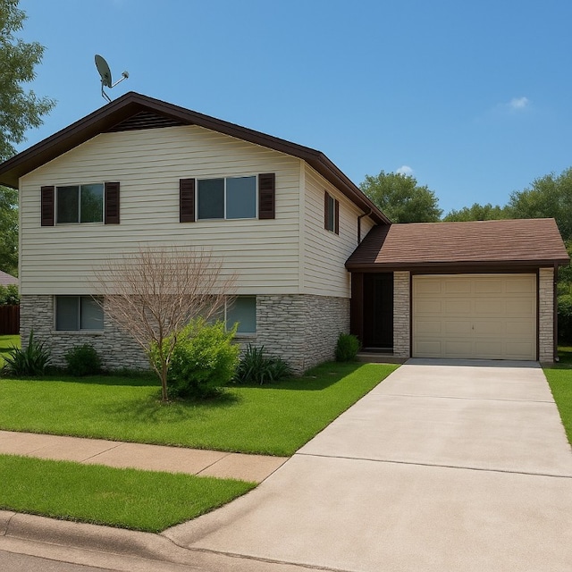 6005 Walnut Hills Dr, Austin, TX 78723 - tri-level home featuring stone siding, an attached garage, driveway, and a front yard