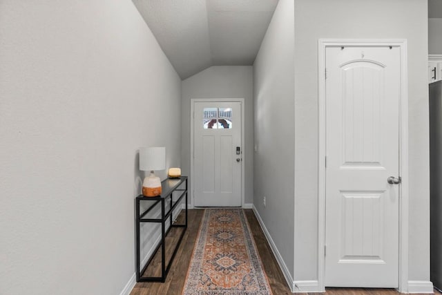 13911 Macquarie Dr, Pflugerville, TX 78660 - doorway to outside with lofted ceiling and dark wood-style flooring