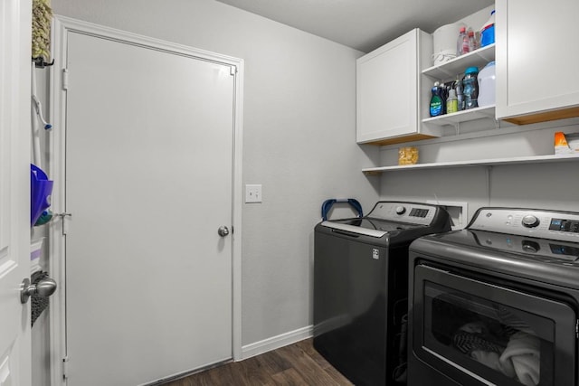 13911 Macquarie Dr, Pflugerville, TX 78660 - laundry room with cabinet space, washing machine and dryer, and dark wood finished floors