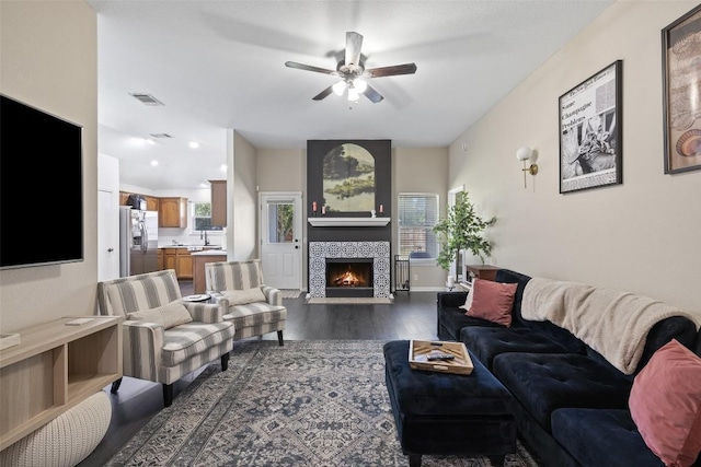 6001 Andross Ct, Hutto, TX 78634 - living room featuring dark wood finished floors, ceiling fan, and a fireplace