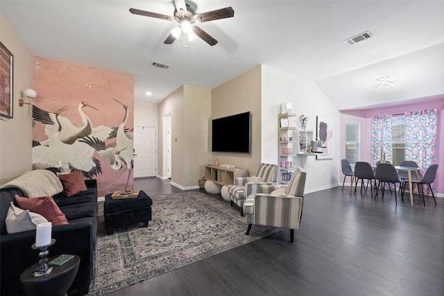 6001 Andross Ct, Hutto, TX 78634 - living area with ceiling fan, dark wood finished floors, and lofted ceiling