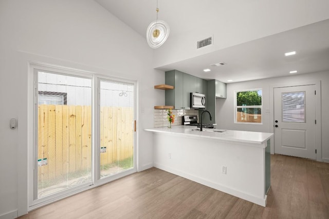 7913 W Gate Blvd Unit A, Austin, TX 78745 - kitchen featuring stainless steel appliances, open shelves, light countertops, a peninsula, and wood finished floors