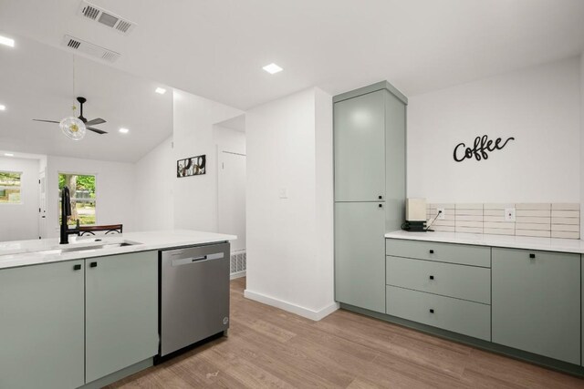 7913 W Gate Blvd Unit A, Austin, TX 78745 - kitchen featuring dishwasher, green cabinets, light wood-type flooring, light countertops, and ceiling fan