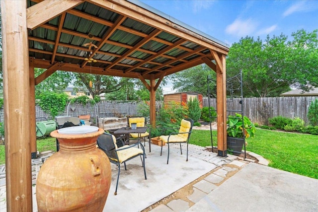 fenced backyard with a patio area and a shed