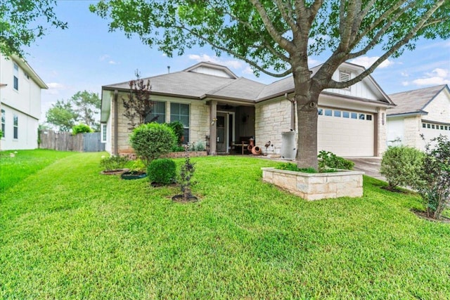 view of front of home with stone siding, an attached garage, board and batten siding, and concrete driveway