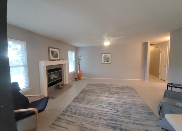 1805 Timber Ridge Dr, Cedar Park, TX 78613 - carpeted living area featuring ceiling fan and a glass covered fireplace