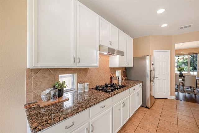 3126 Fiorellino Pl, Cedar Park, TX 78613 - kitchen featuring gas stovetop, under cabinet range hood, decorative backsplash, white cabinetry, and recessed lighting