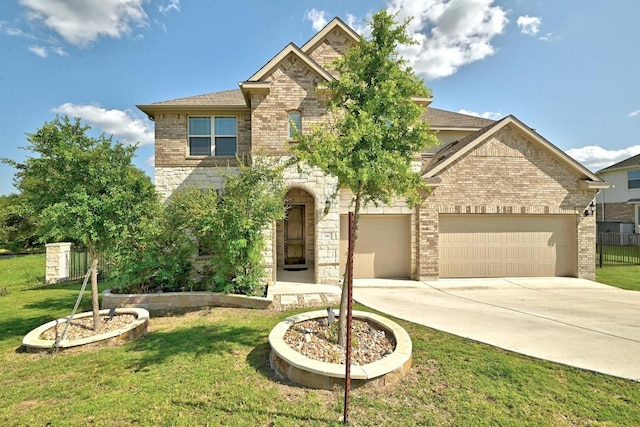 216 Tovas Secret Cv, Georgetown, TX 78628 - view of front facade with concrete driveway, a shingled roof, brick siding, stone siding, and an attached garage