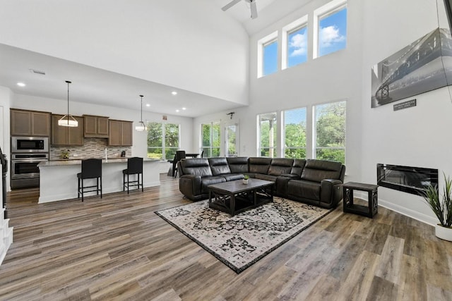 216 Tovas Secret Cv, Georgetown, TX 78628 - living area featuring wood finished floors, recessed lighting, a towering ceiling, and ceiling fan