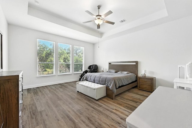 216 Tovas Secret Cv, Georgetown, TX 78628 - bedroom with a raised ceiling, wood finished floors, and ceiling fan