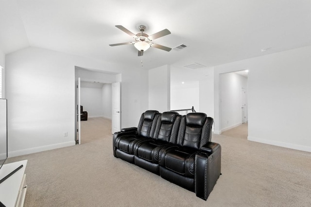 216 Tovas Secret Cv, Georgetown, TX 78628 - living room with a ceiling fan, light carpet, and vaulted ceiling