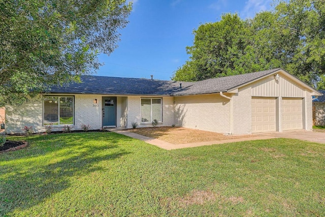 3013 Val Dr, Austin, TX 78723 - ranch-style house with a garage, a front lawn, brick siding, a shingled roof, and concrete driveway