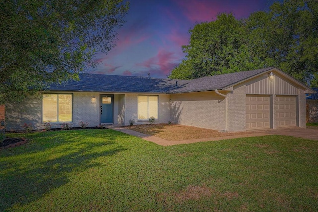 3013 Val Dr, Austin, TX 78723 - ranch-style house featuring a garage, a lawn, brick siding, a shingled roof, and concrete driveway