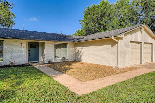 3013 Val Dr, Austin, TX 78723 - ranch-style home with a garage, a front yard, brick siding, and roof with shingles