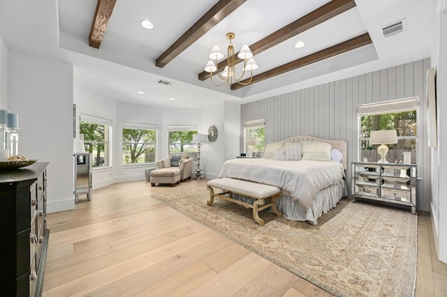 2314 Camino Del Verdes Pl, Round Rock, TX 78681 - bedroom featuring multiple windows, a chandelier, light wood-type flooring, beam ceiling, and recessed lighting