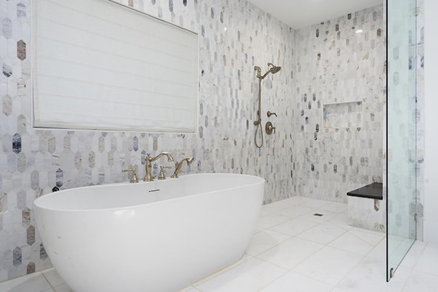2314 Camino Del Verdes Pl, Round Rock, TX 78681 - full bathroom with tiled shower, a freestanding tub, wallpapered walls, and tile patterned flooring