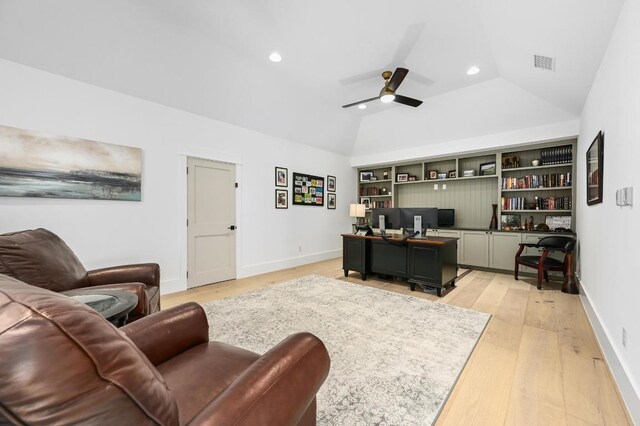 2314 Camino Del Verdes Pl, Round Rock, TX 78681 - living room featuring lofted ceiling, an office area, ceiling fan, recessed lighting, and light wood finished floors