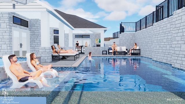 604 Flamingo Cv, Lakeway, TX 78734 - view of pool with a patio area, a fireplace, and french doors