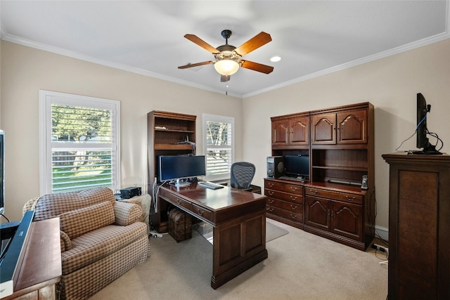 604 Flamingo Cv, Lakeway, TX 78734 - office with a ceiling fan, light carpet, healthy amount of natural light, and ornamental molding