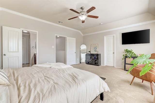 140 Housefinch Loop, Leander, TX 78641 - bedroom with crown molding, carpet flooring, ceiling fan, and lofted ceiling