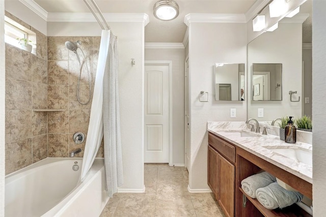 140 Housefinch Loop, Leander, TX 78641 - bathroom with shower / bathtub combination with curtain, double vanity, tile patterned flooring, and crown molding