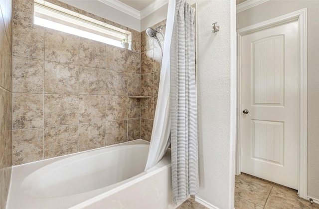 140 Housefinch Loop, Leander, TX 78641 - bathroom with shower / bath combo, crown molding, and tile patterned flooring